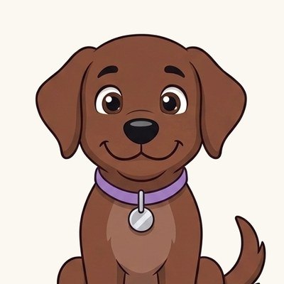 Cartoon Fernie, a chocolate brown dog with a purple collar