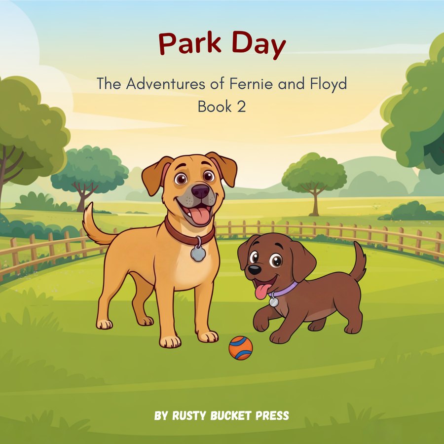 Cover of Park Day, Book 2: the two dogs standing in a fenced park with an orange and blue ball