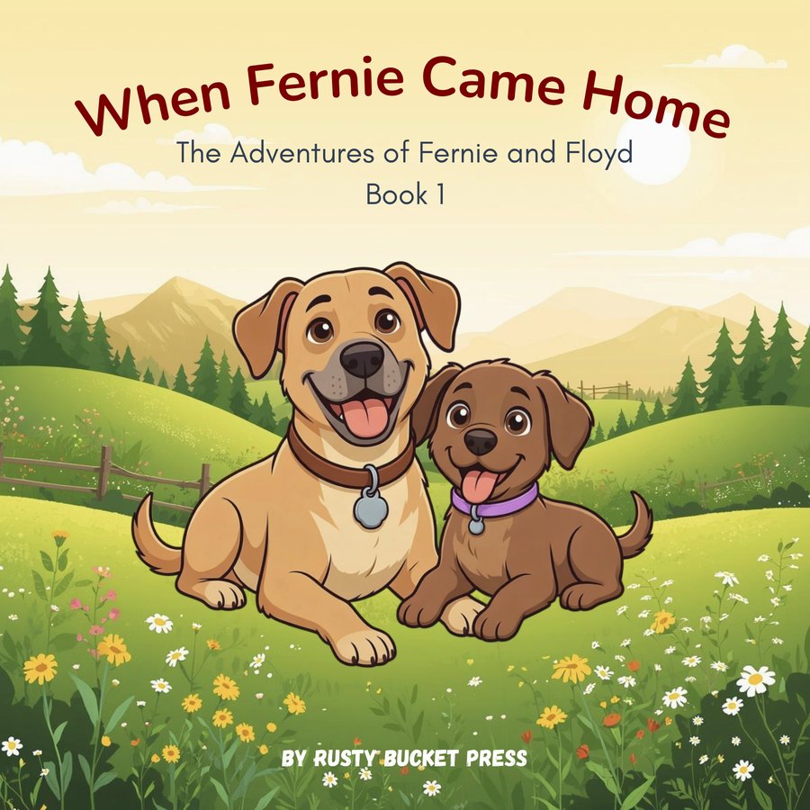Cover of When Fernie Came Home, Book 1: a golden tan dog and a chocolate brown puppy lying together in a flower meadow